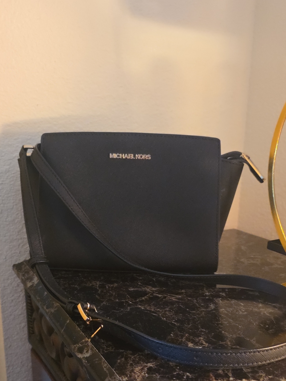 Michael Kors Black Leather Crossbody with Gold Hardware